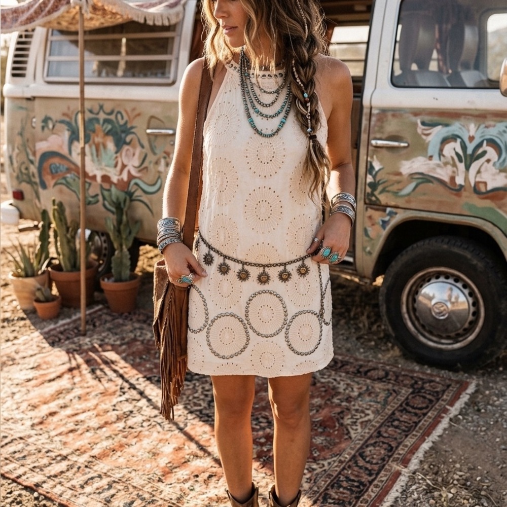 Cream Crochet Sunburst Tank Dress with Sequin Accent